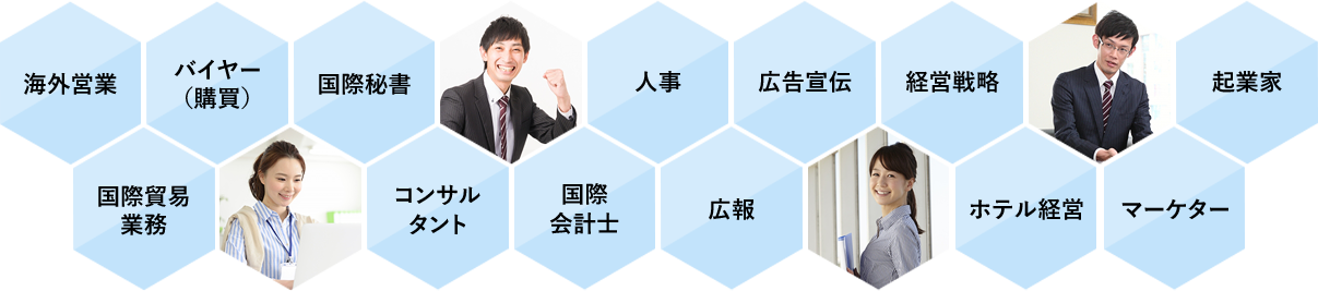 海外営業・バイヤー・国際秘書・人事・広告宣伝・経営戦略・起業家・国際貿易・コンサルタント・国際会計士・広報・ホテル経営・マーケター