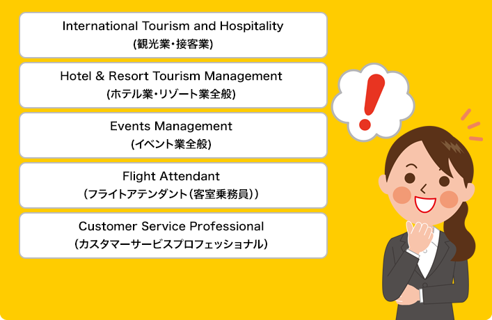 観光業・接客業、ホテル業・リゾート業全般、イベント業全般、客室乗務員、カスタマーサービスプロフェッショナル