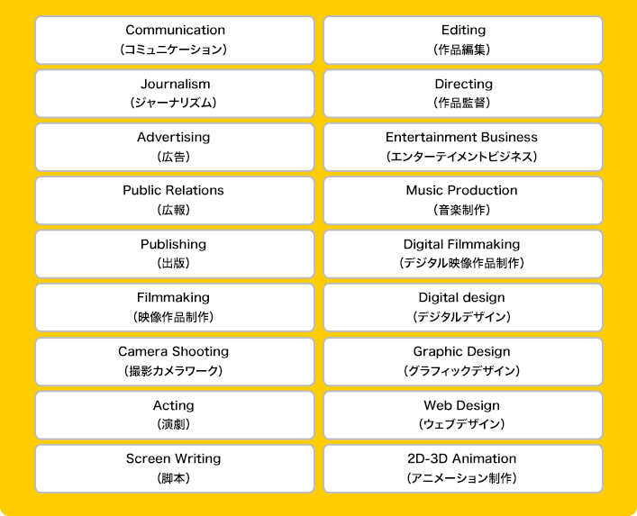 コミュニケーション・ジャーナリズム・広告・広報・出版・映像作品制作・撮影カメラワーク・演劇・脚本・作品編集・作品監督・エンターテイメントビジネス・音楽制作・デジタル映像作品制作・デジタルデザイン・グラフィックデザイン・ウェブデザイン・アニメーション制作